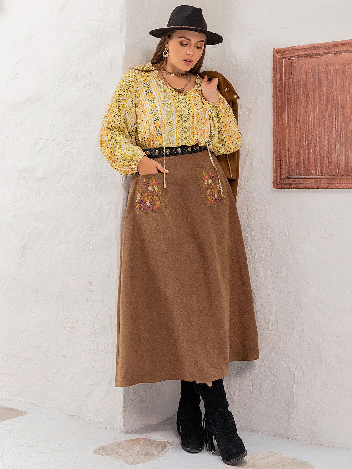 Plus Size Embroidered Pocketed High Waist Skirt - Clothes For Her Online Store