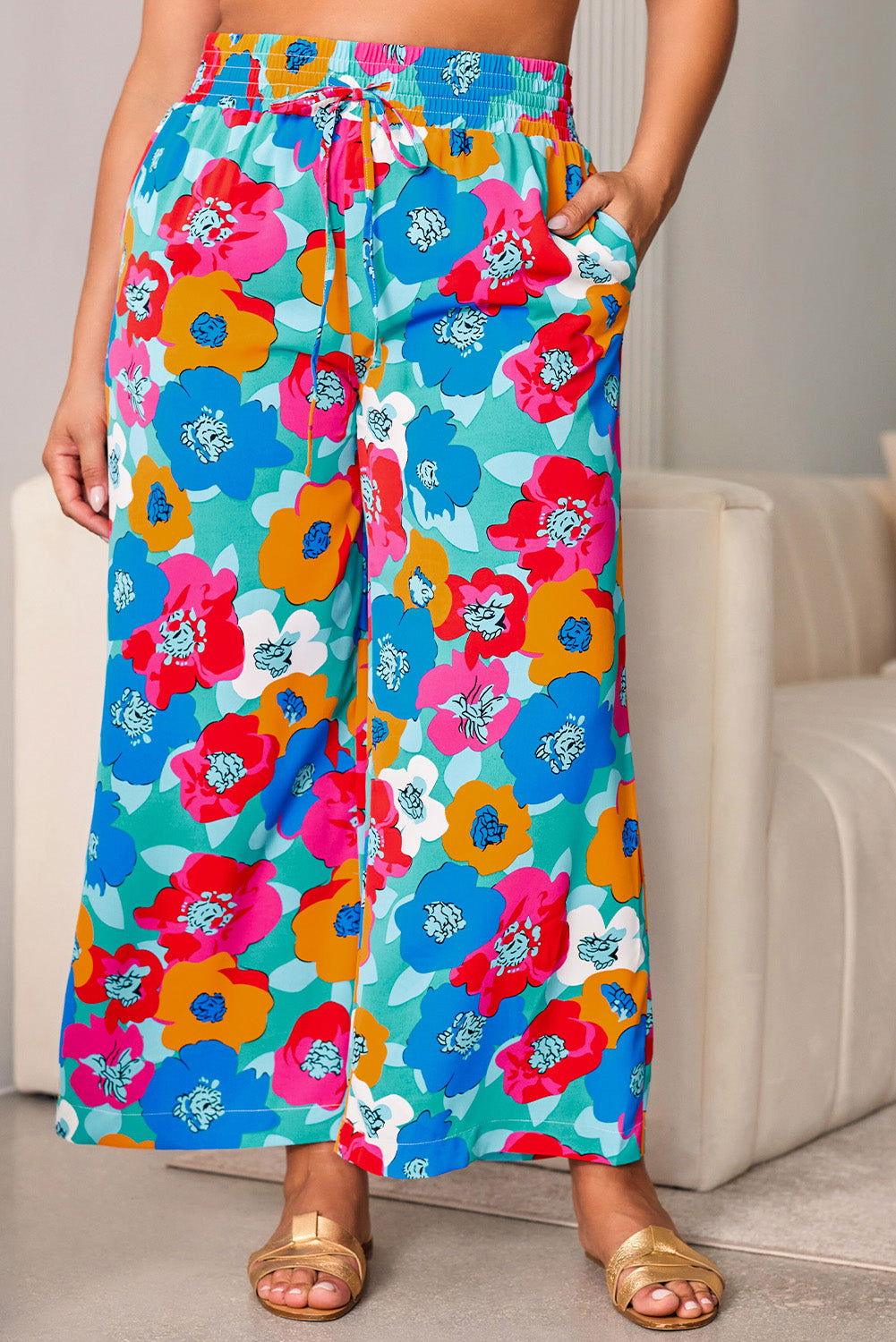 Plus Size Floral Drawstring Wide Leg Pants with Pockets - Clothes For Her Online Store