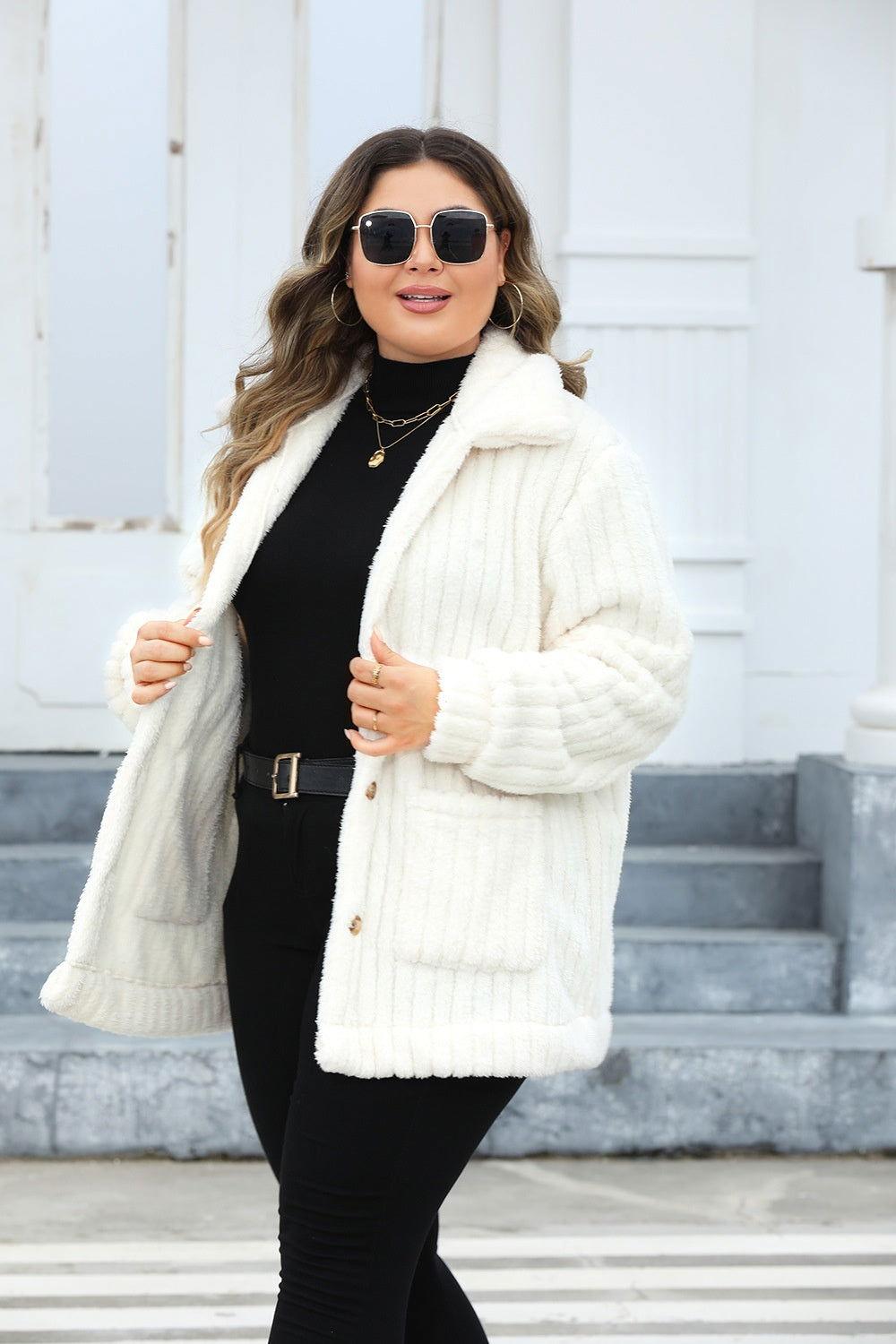 Plus Size Fuzzy Collared Neck Long Sleeve Jacket - Clothes For Her Online Store