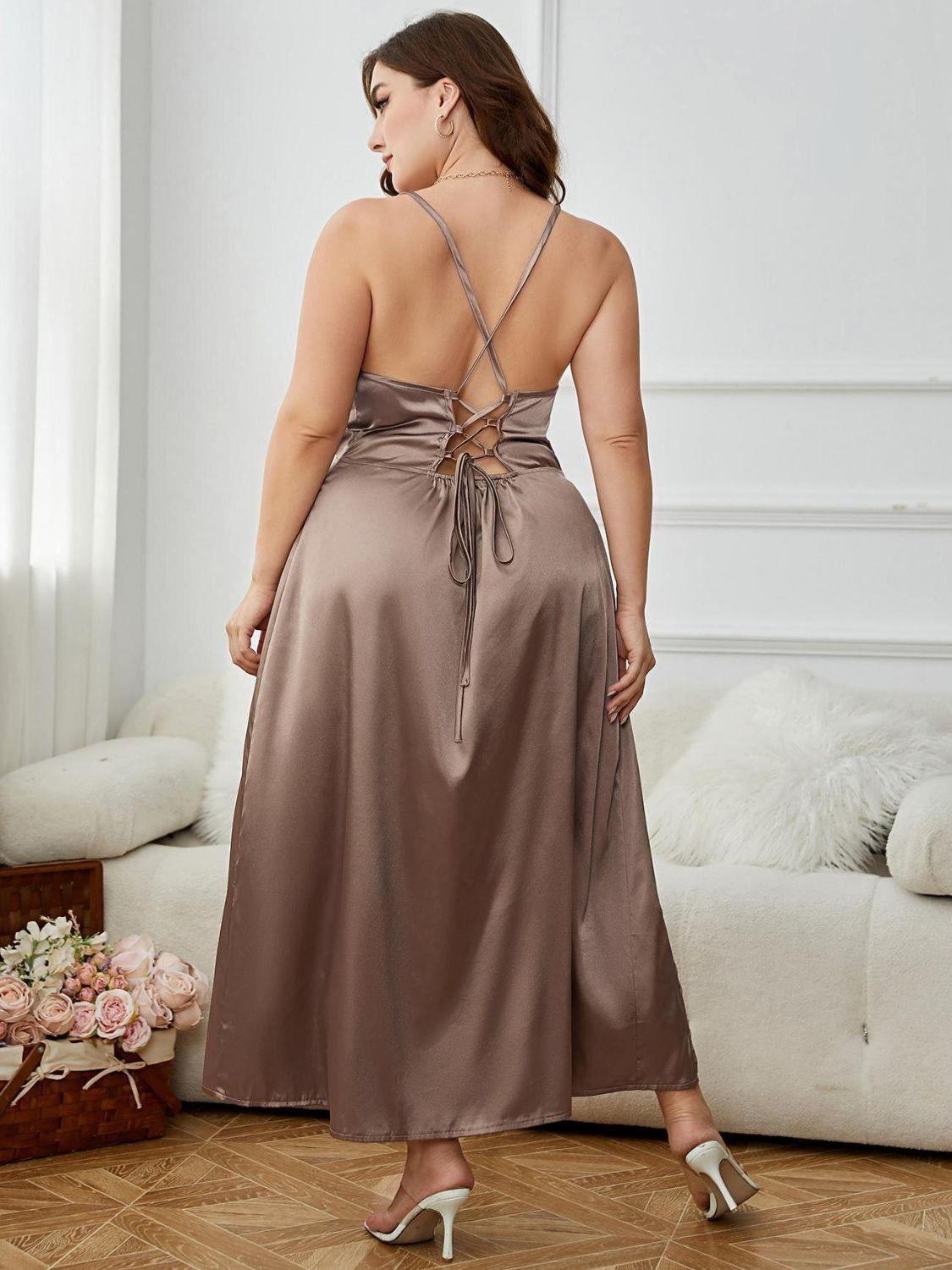 Plus Size Lace-Up Spaghetti Strap Split Night Dress - Clothes For Her Online Store