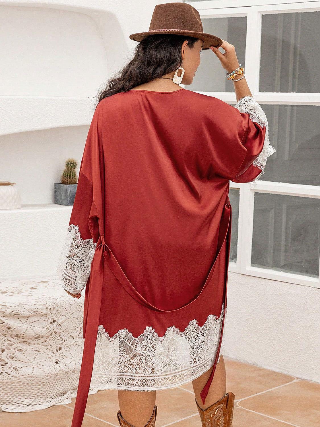Plus Size Lace Patchwork Tie Front Robe - Clothes For Her Online Store