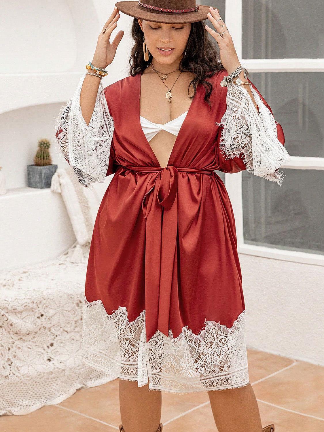 Plus Size Lace Patchwork Tie Front Robe - Clothes For Her Online Store