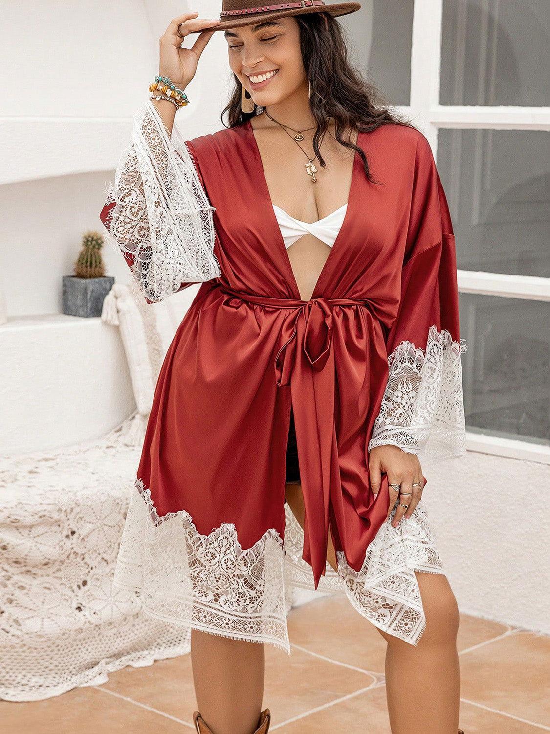 Plus Size Lace Patchwork Tie Front Robe - Clothes For Her Online Store