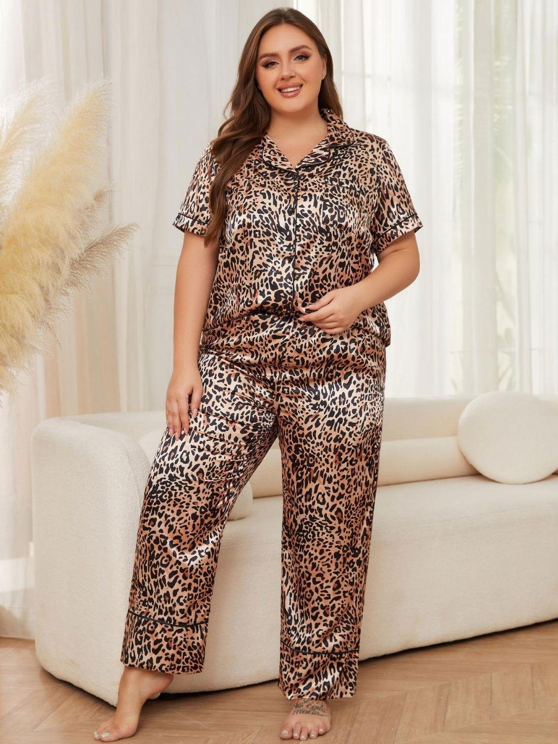Plus Size Leopard Short Sleeve Top and Pants Lounge Set - Clothes For Her Online Store