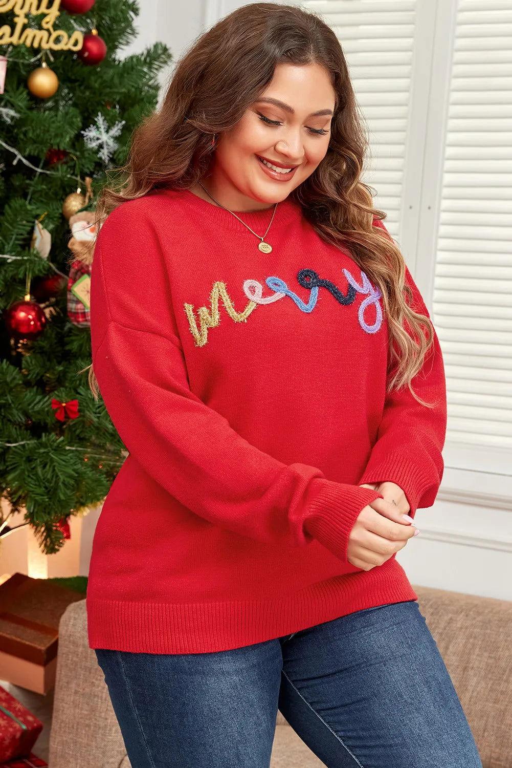 Plus Size MERRY Round Neck Long Sleeve Sweater - Clothes For Her Online Store