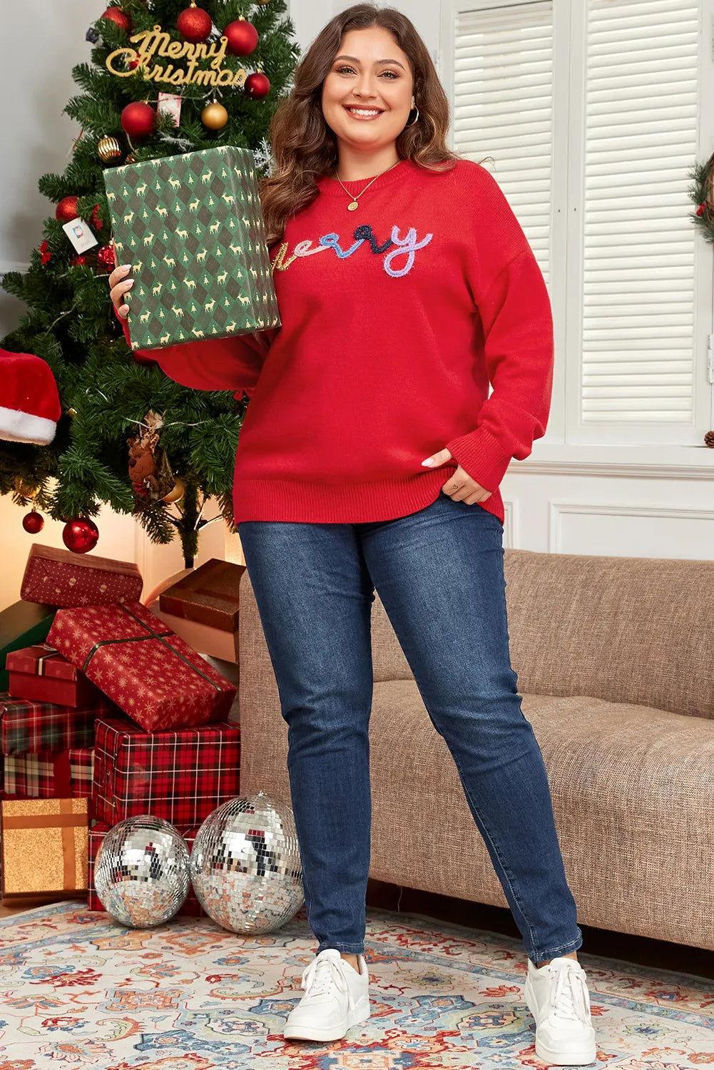 Plus Size MERRY Round Neck Long Sleeve Sweater - Clothes For Her Online Store