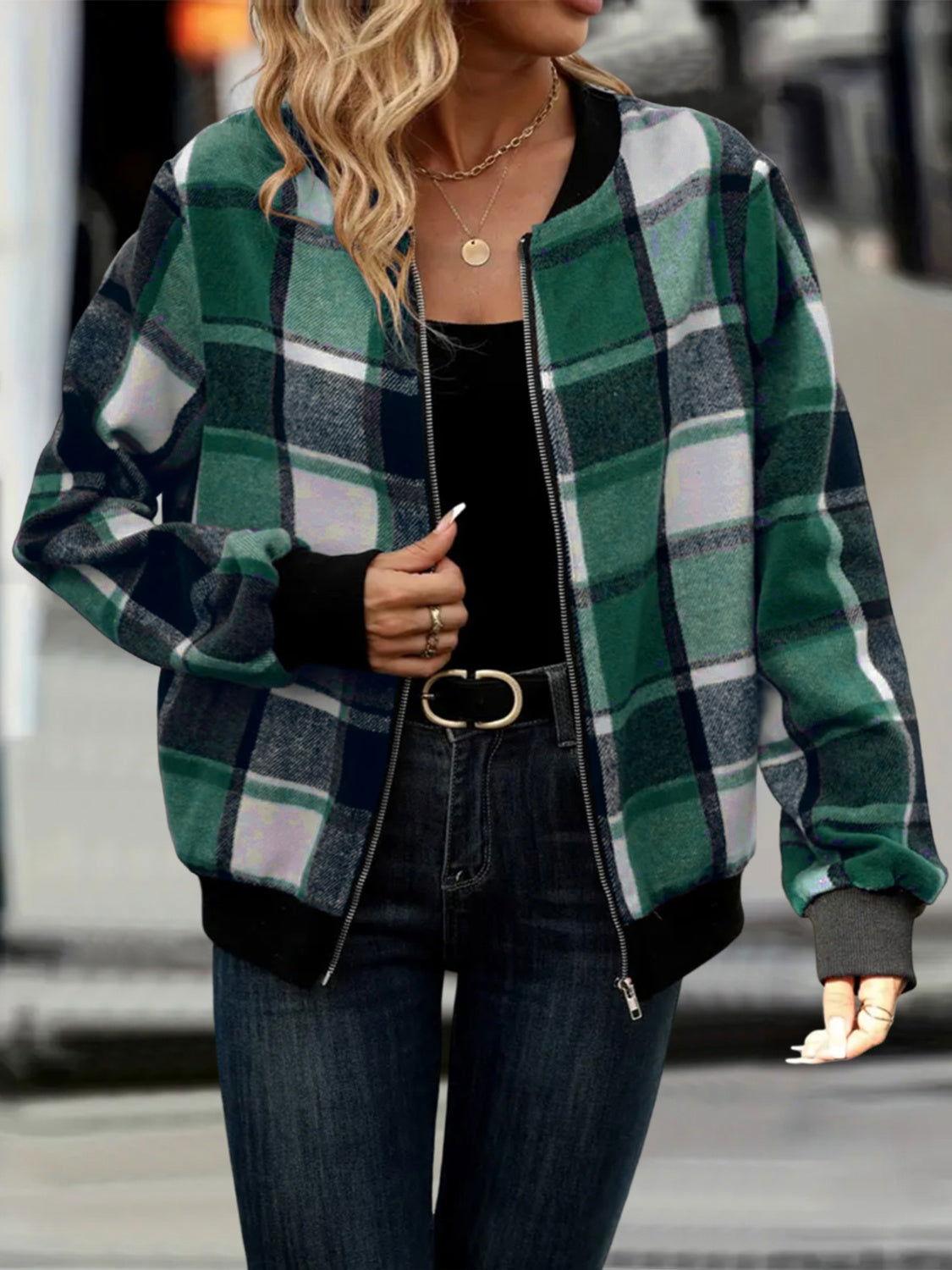 Plus Size Plaid Baseball Collar Zip Up Jacket - Clothes For Her Online Store