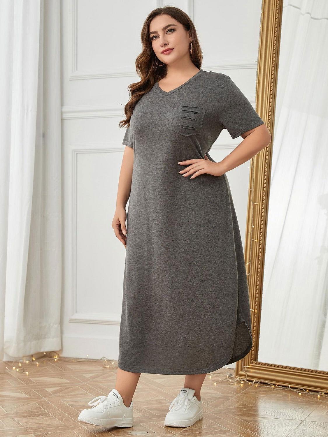 Plus Size Pocketed V-Neck Short Sleeve Lounge Dress - Clothes For Her Online Store