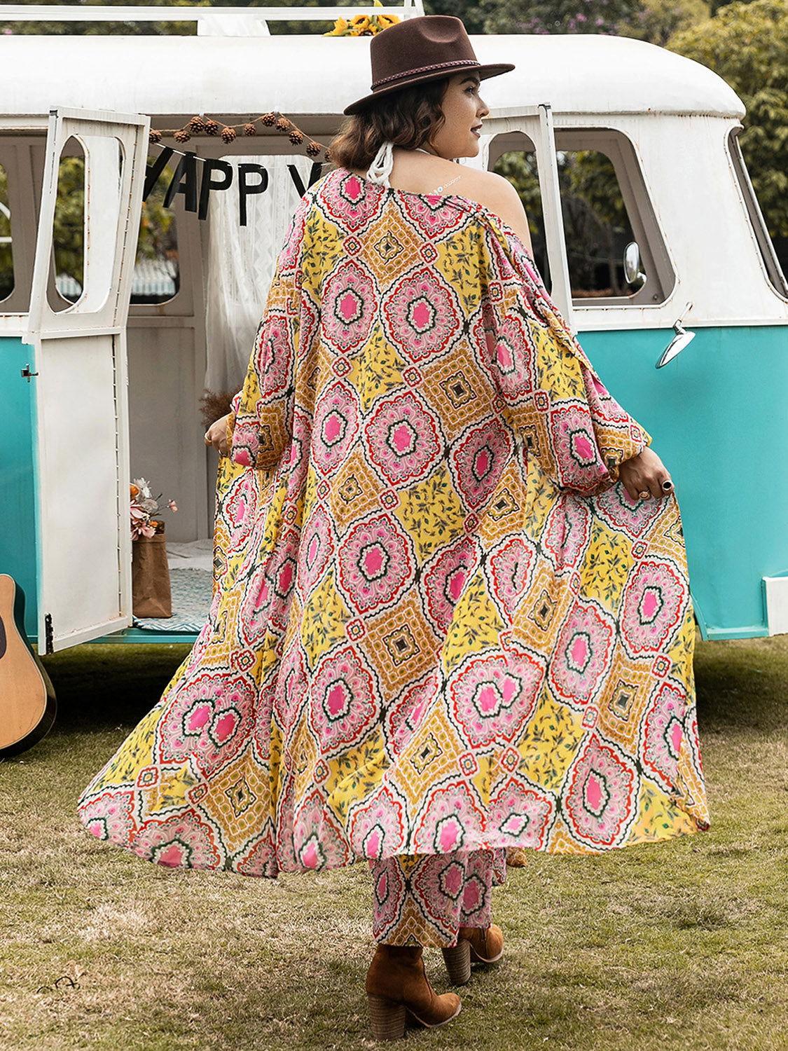 Plus Size Printed Open Front Cover Up and Pants Set - Clothes For Her Online Store