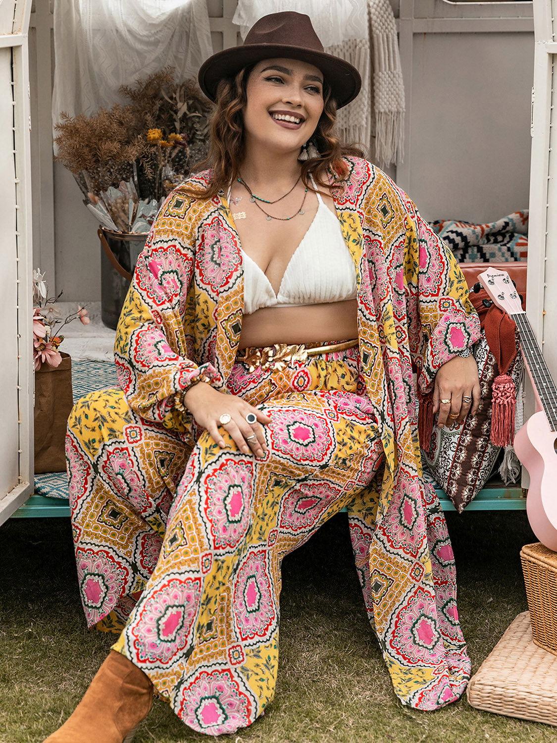 Plus Size Printed Open Front Cover Up and Pants Set - Clothes For Her Online Store