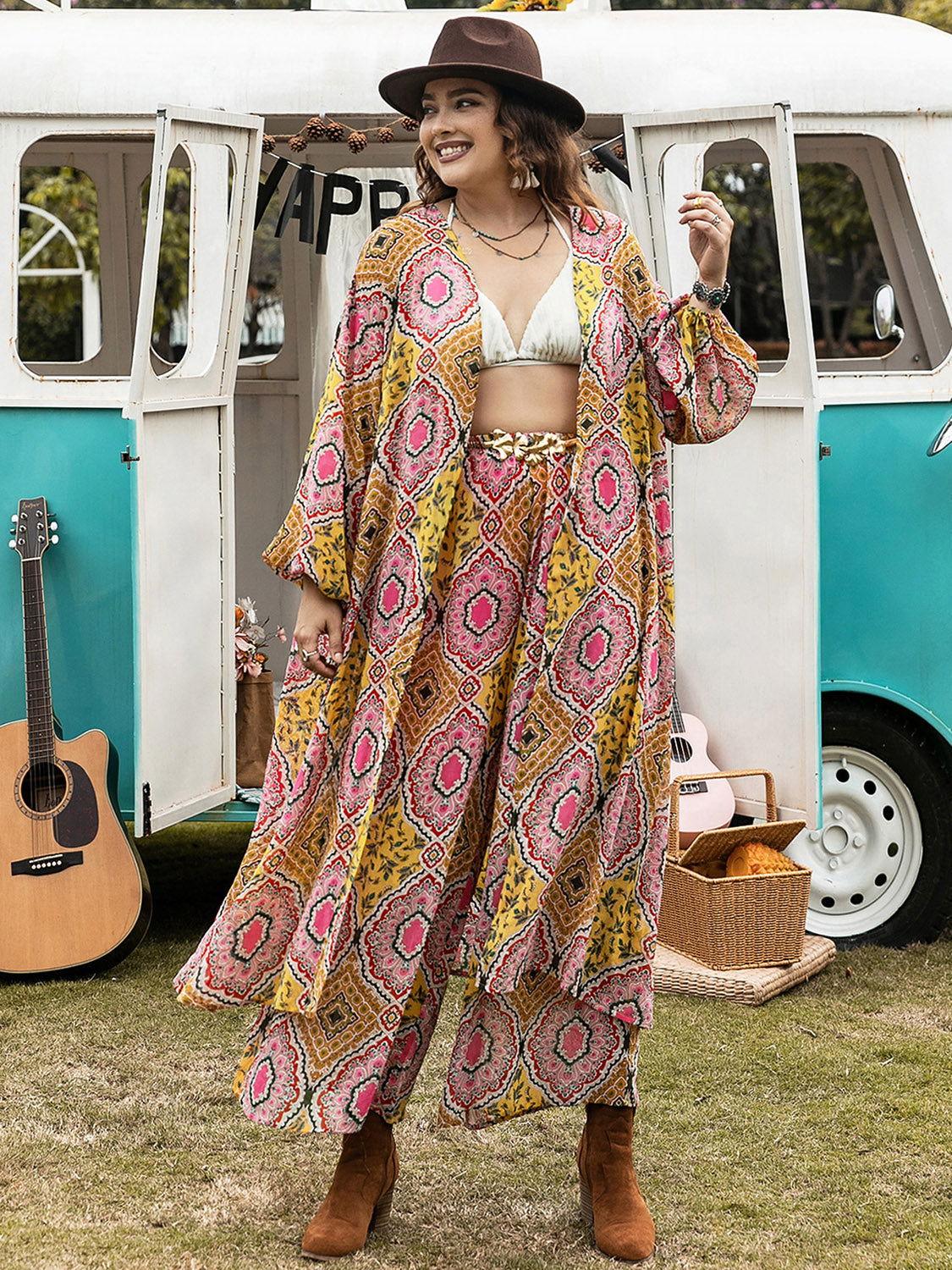 Plus Size Printed Open Front Cover Up and Pants Set - Clothes For Her Online Store