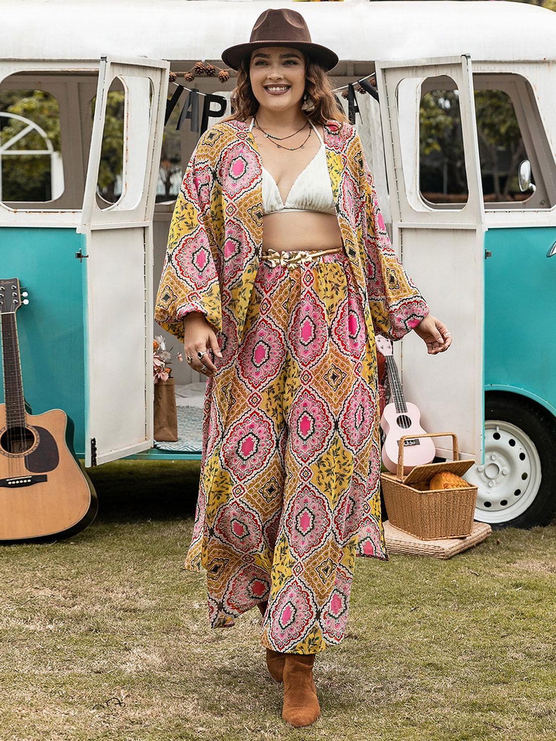 Plus Size Printed Open Front Cover Up and Pants Set - Clothes For Her Online Store