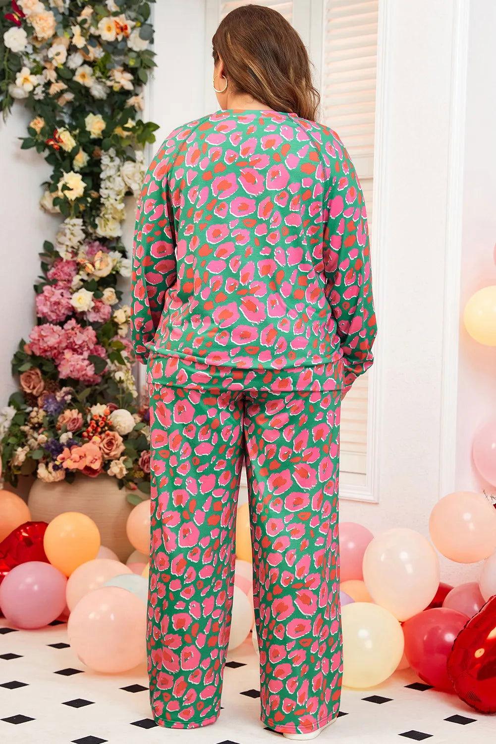 Plus Size Printed Round Neck Long Sleeve Top and Pants Set - Clothes For Her Online Store