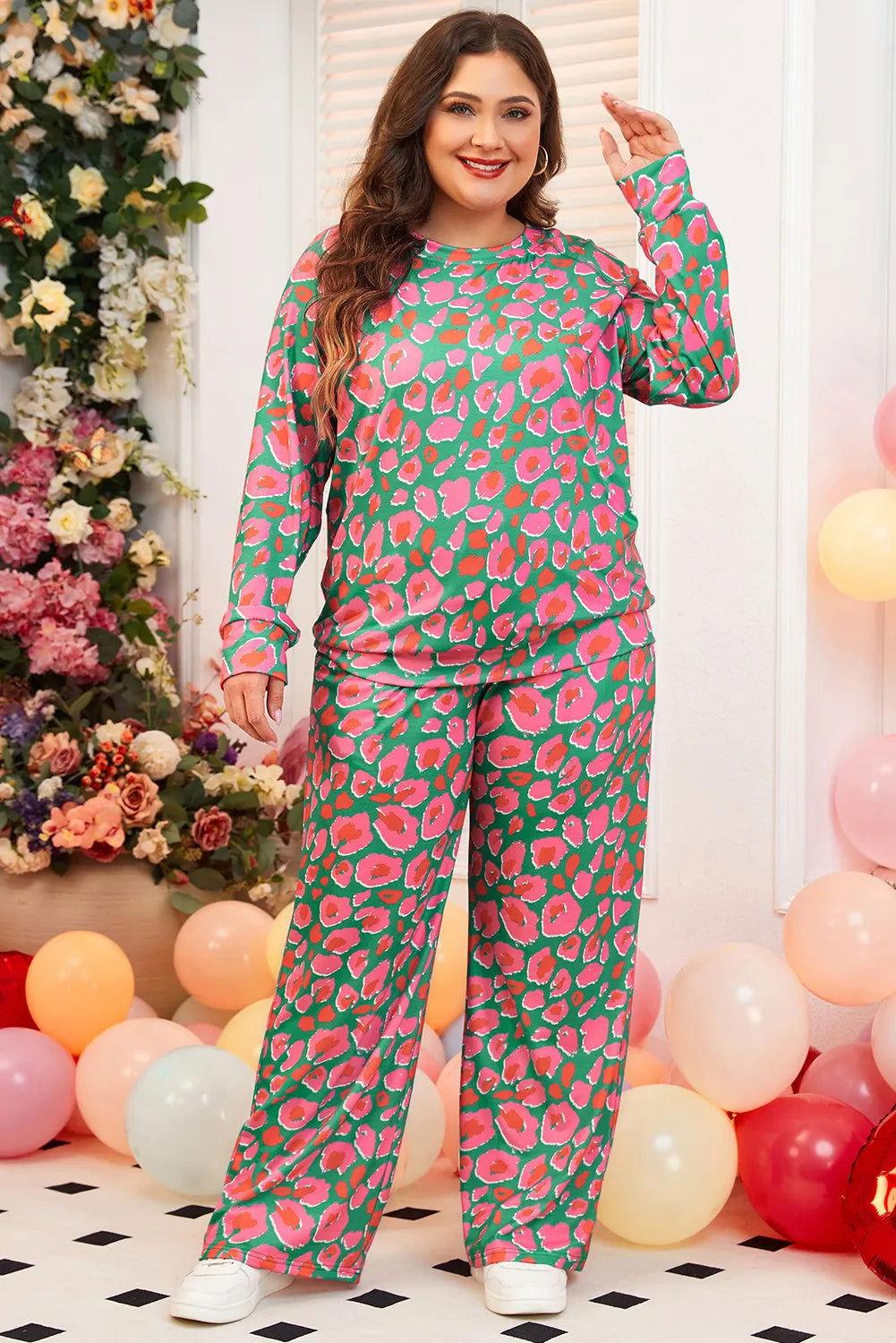 Plus Size Printed Round Neck Long Sleeve Top and Pants Set - Clothes For Her Online Store