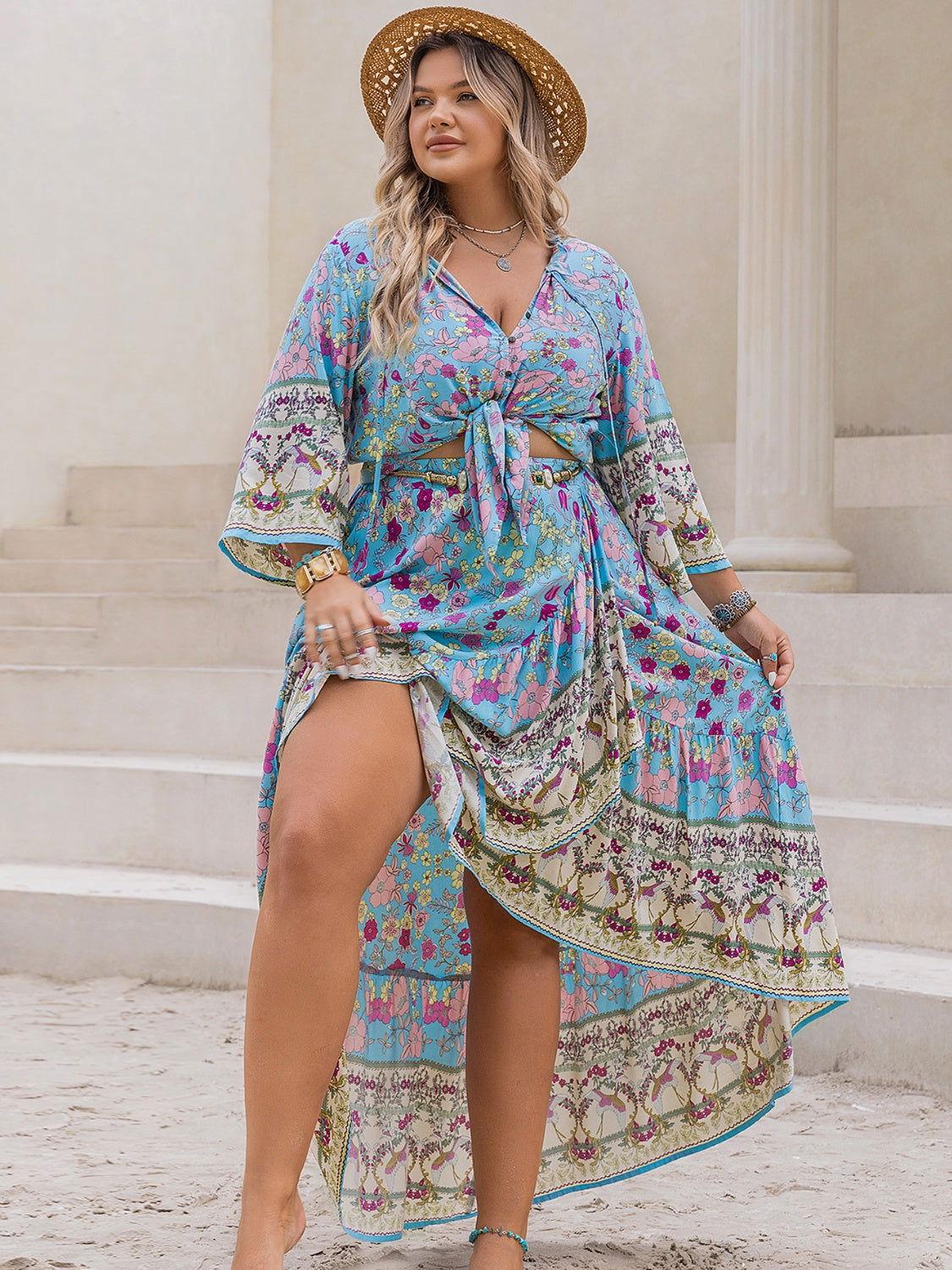 Plus Size Printed Tie Neck Top and Skirt Set - Clothes For Her Online Store