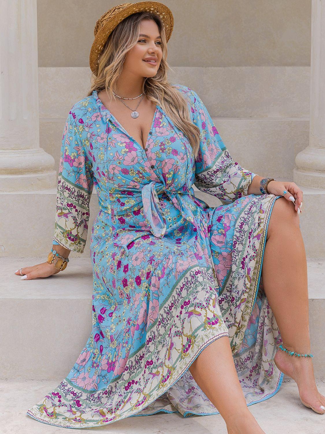 Plus Size Printed Tie Neck Top and Skirt Set - Clothes For Her Online Store