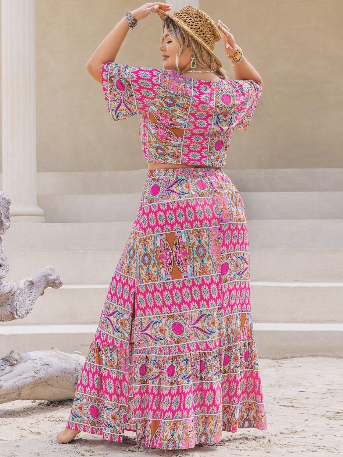 Plus Size Printed V-Neck Half Sleeve Top and Skirt Set - Clothes For Her Online Store