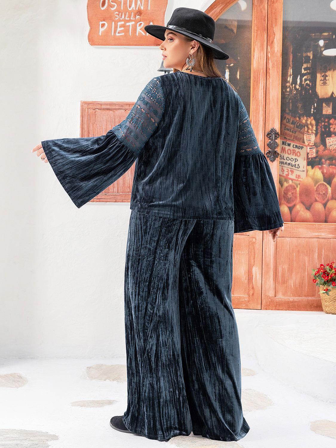 Plus Size Round Neck Flare Sleeve Top and Pants Set - Clothes For Her Online Store
