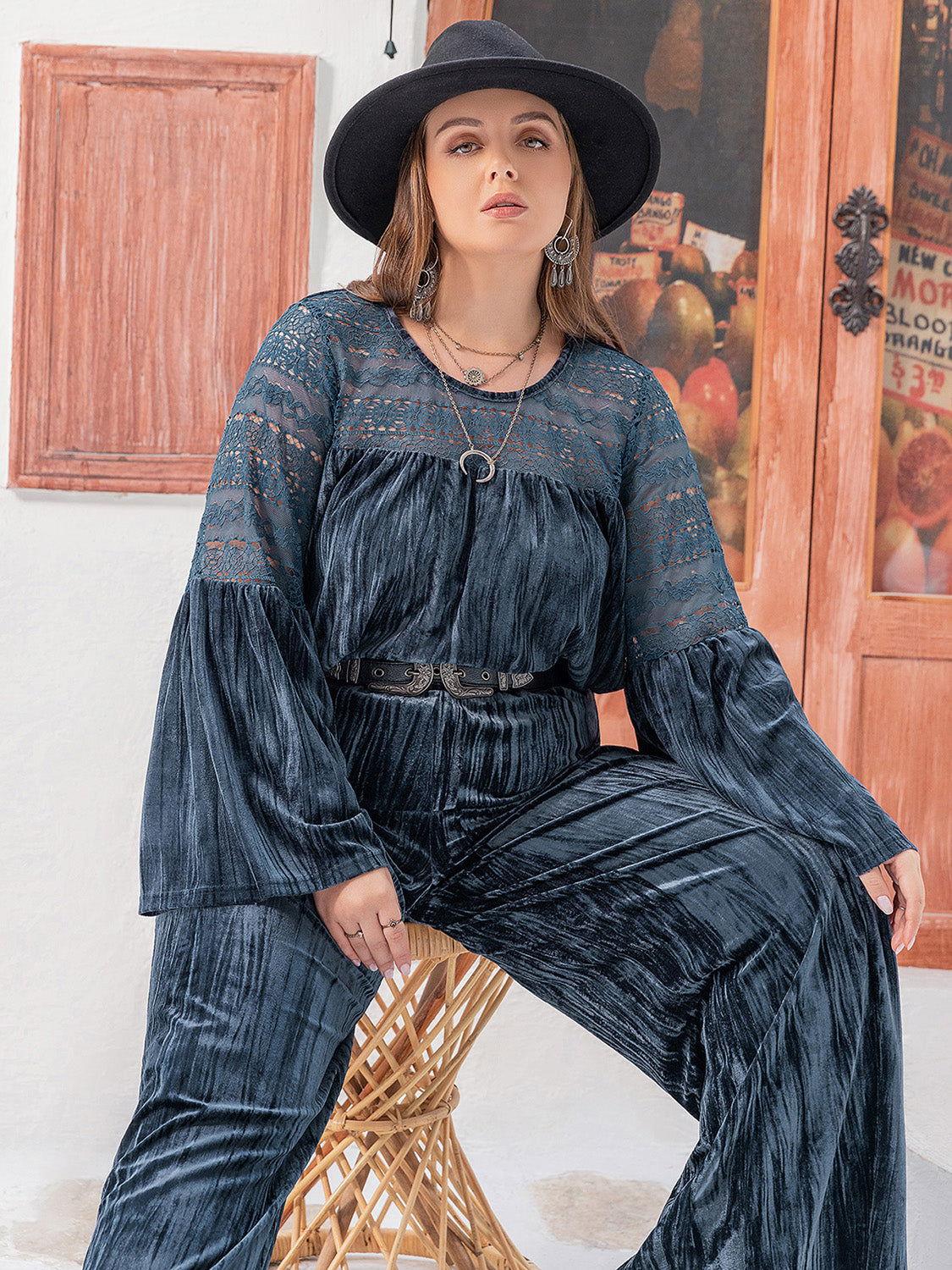 Plus Size Round Neck Flare Sleeve Top and Pants Set - Clothes For Her Online Store