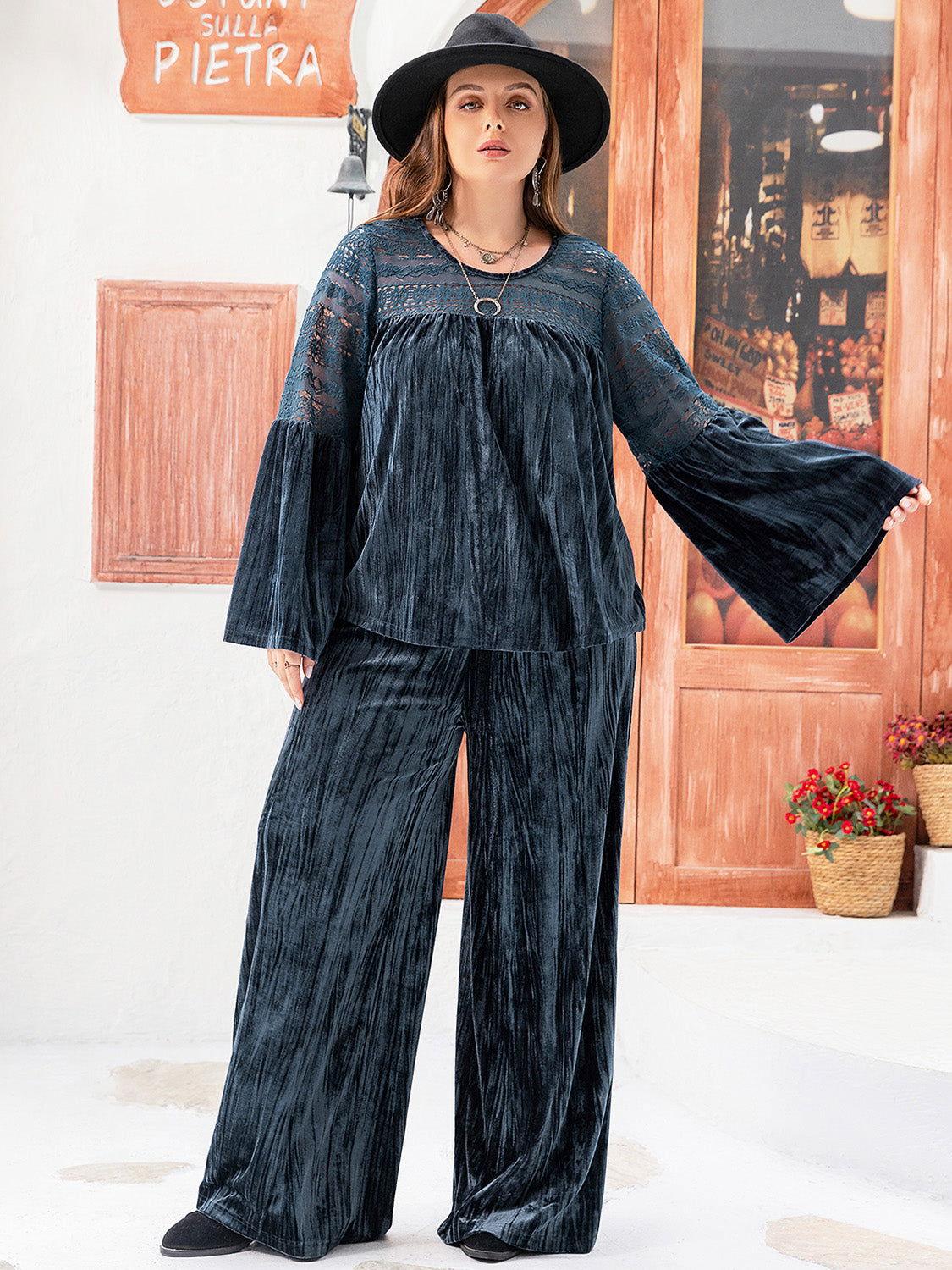 Plus Size Round Neck Flare Sleeve Top and Pants Set - Clothes For Her Online Store