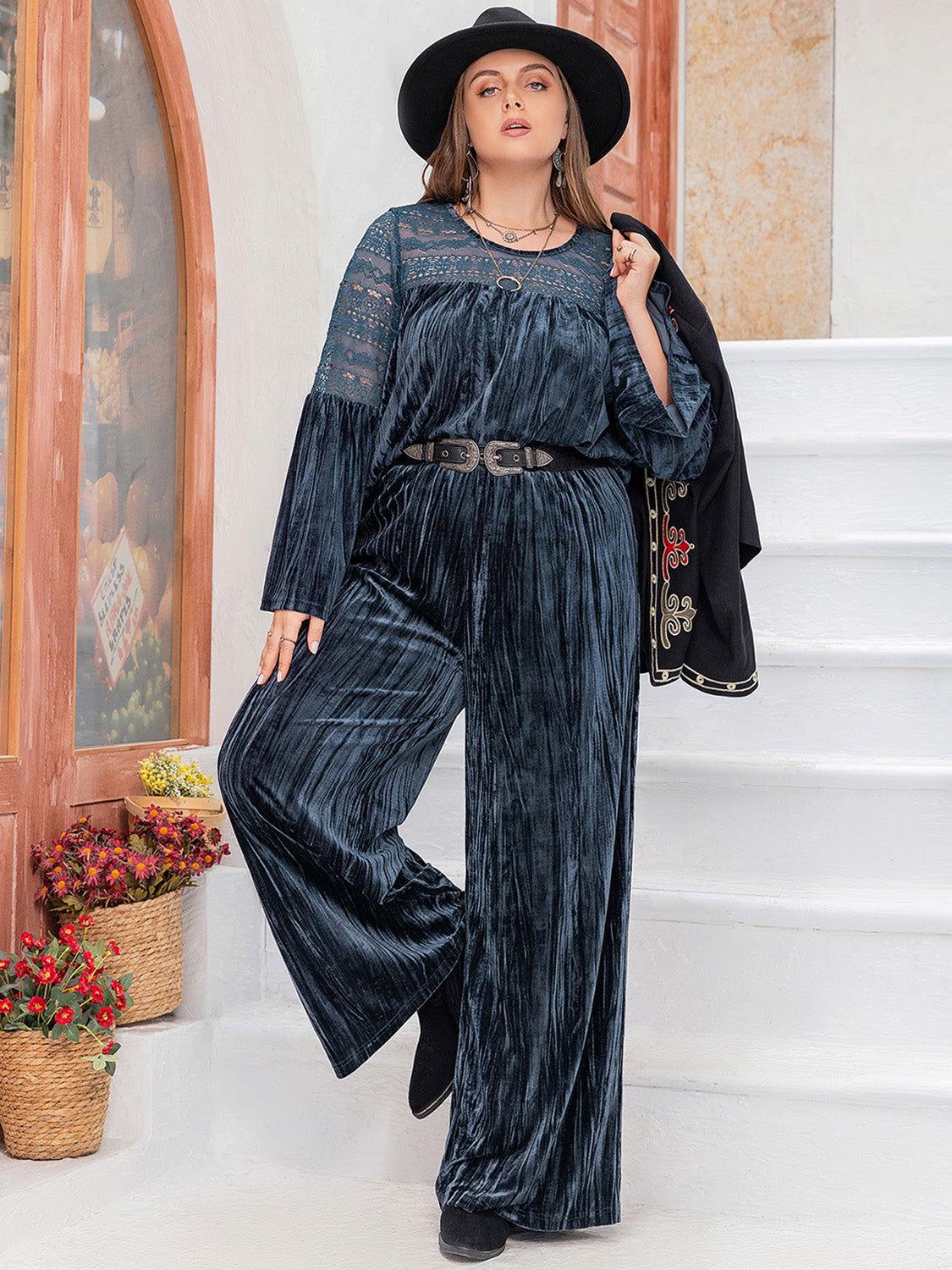 Plus Size Round Neck Flare Sleeve Top and Pants Set - Clothes For Her Online Store