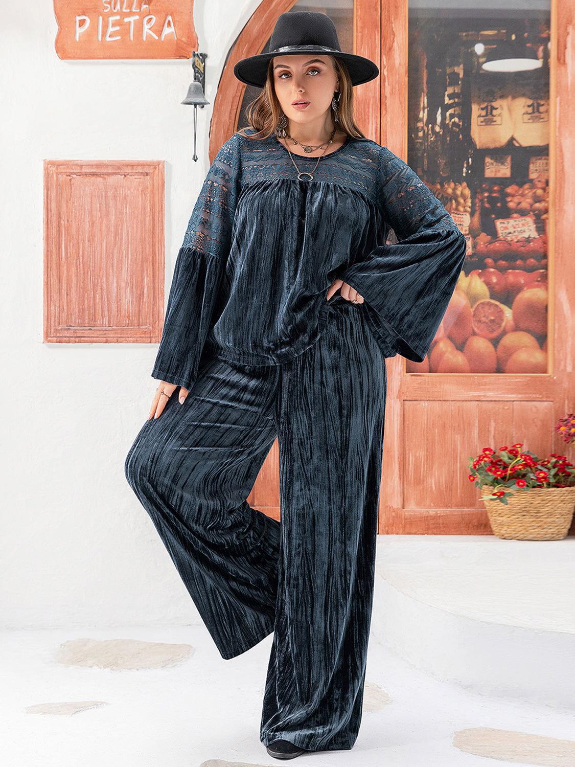 Plus Size Round Neck Flare Sleeve Top and Pants Set - Clothes For Her Online Store