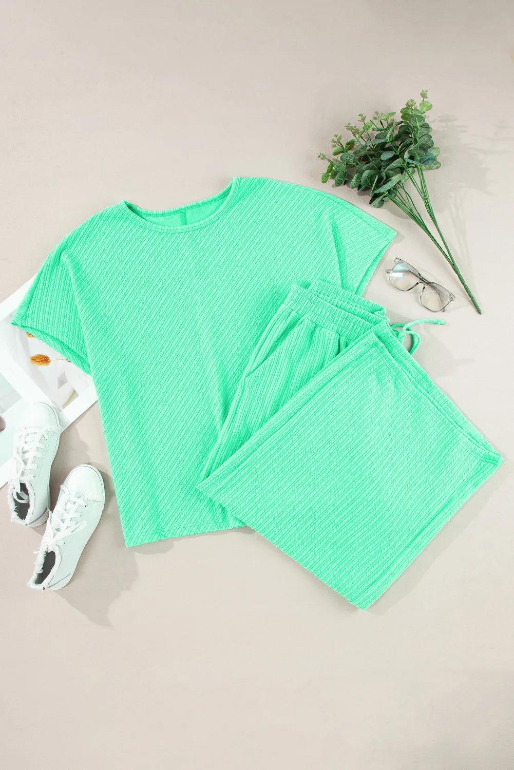 Plus Size Round Neck Half Sleeve Top and Tied Pants Set - Clothes For Her Online Store