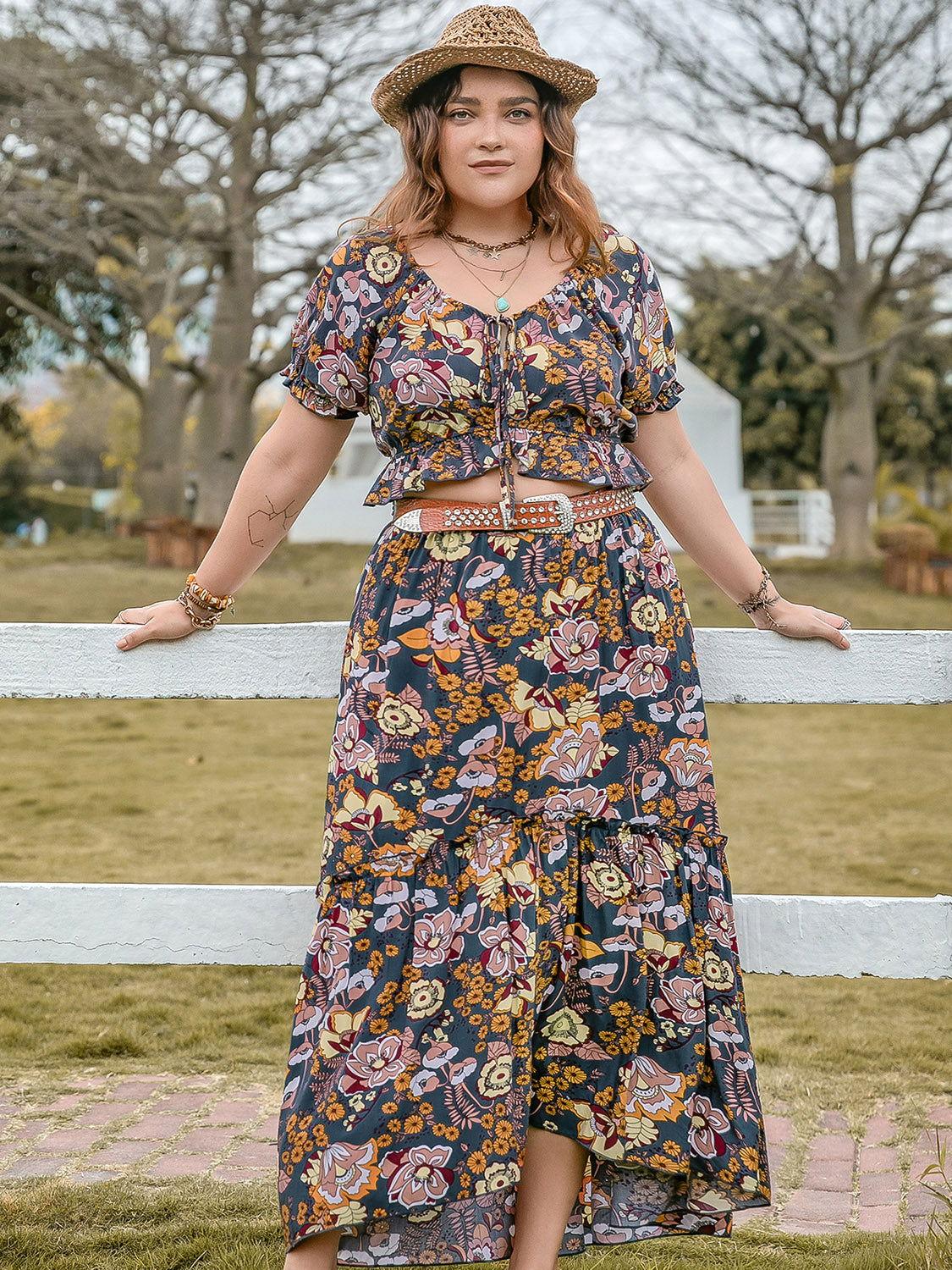 Plus Size Tie Neck Short Sleeve Top and Skirt Set - Clothes For Her Online Store