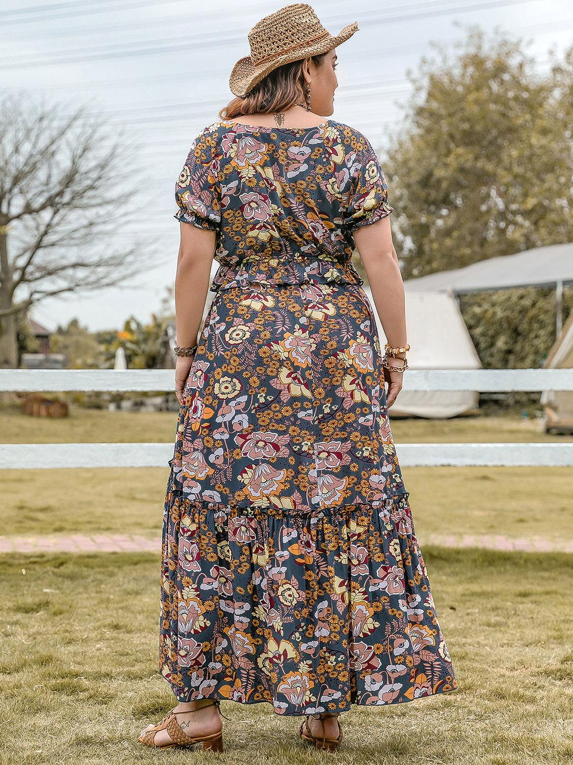 Plus Size Tie Neck Short Sleeve Top and Skirt Set - Clothes For Her Online Store