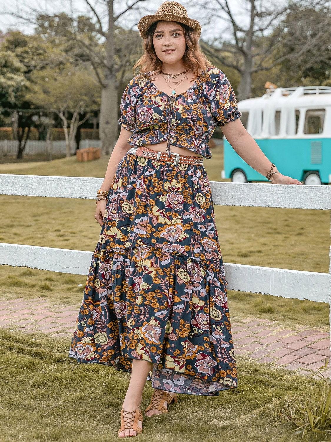 Plus Size Tie Neck Short Sleeve Top and Skirt Set - Clothes For Her Online Store