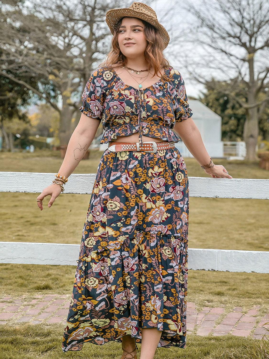Plus Size Tie Neck Short Sleeve Top and Skirt Set - Clothes For Her Online Store
