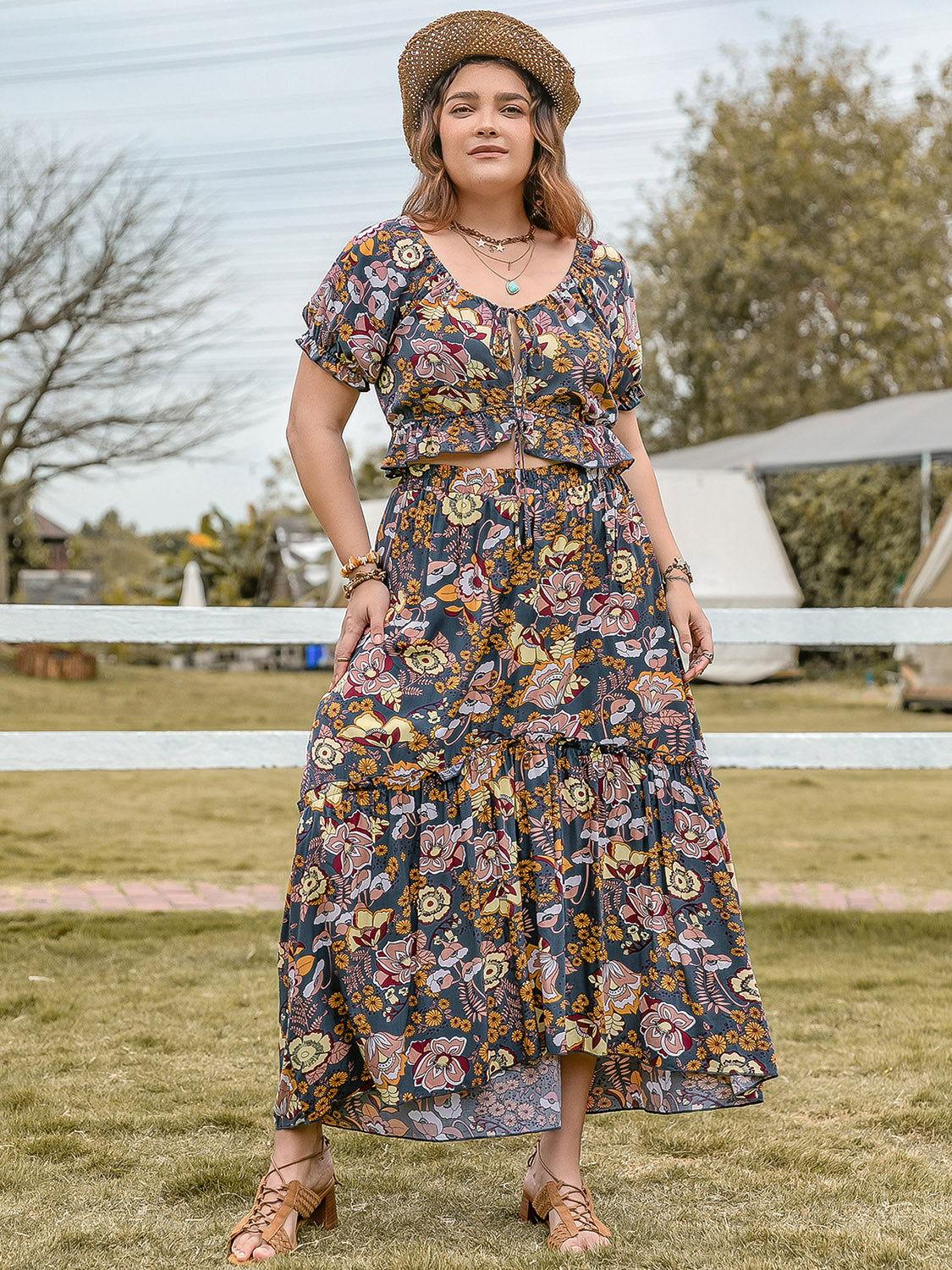 Plus Size Tie Neck Short Sleeve Top and Skirt Set - Clothes For Her Online Store