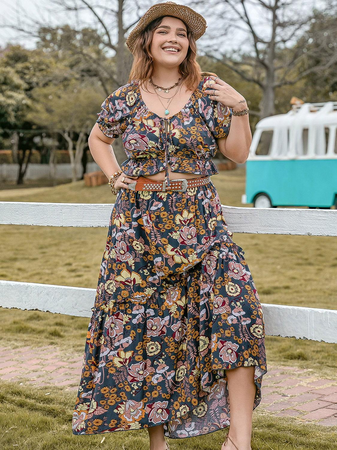 Plus Size Tie Neck Short Sleeve Top and Skirt Set - Clothes For Her Online Store