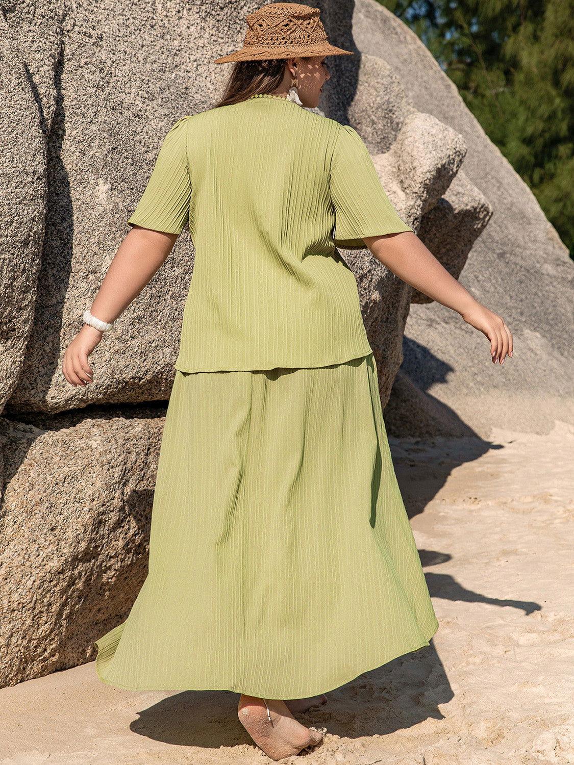 Plus Size V-Neck Half Sleeve Top and High-Low Skirt Set - Clothes For Her Online Store
