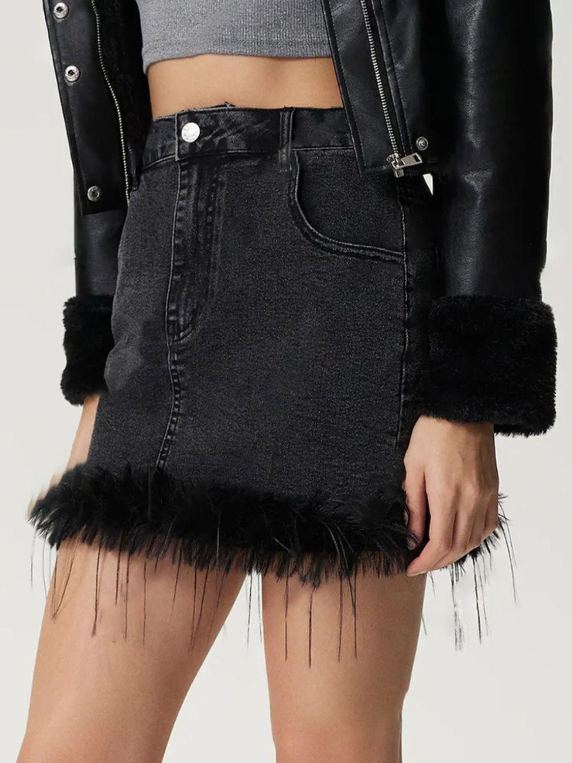 Plush Hem Mini Denim Skirt - Clothes For Her Online Store