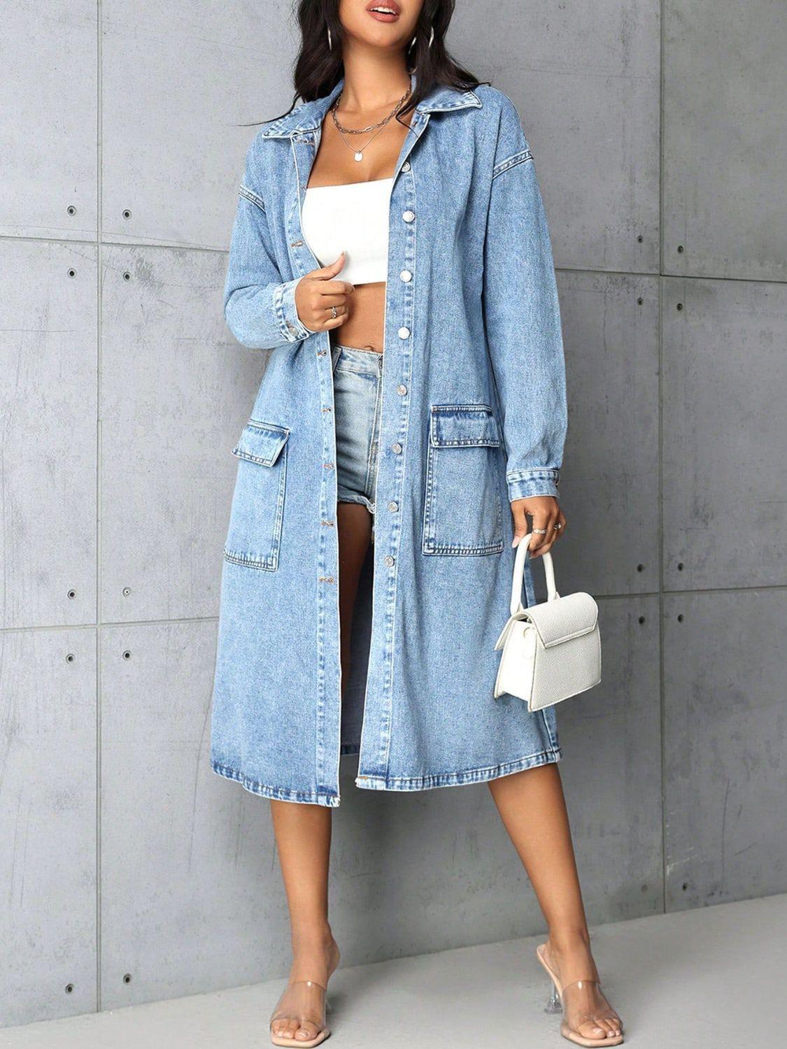 Pocketed Button Up Collared Neck Denim Top - Clothes For Her Online Store