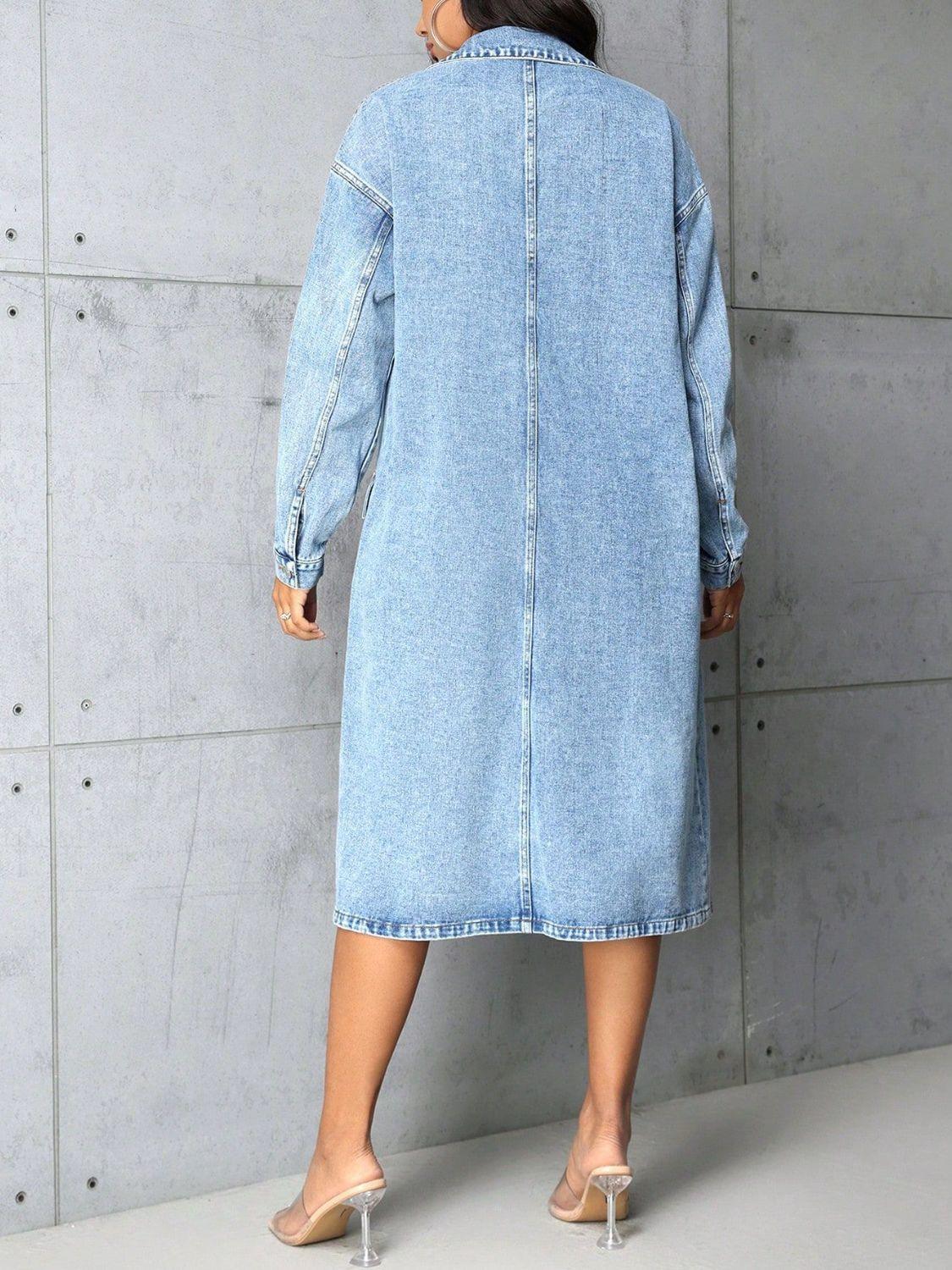 Pocketed Button Up Collared Neck Denim Top - Clothes For Her Online Store