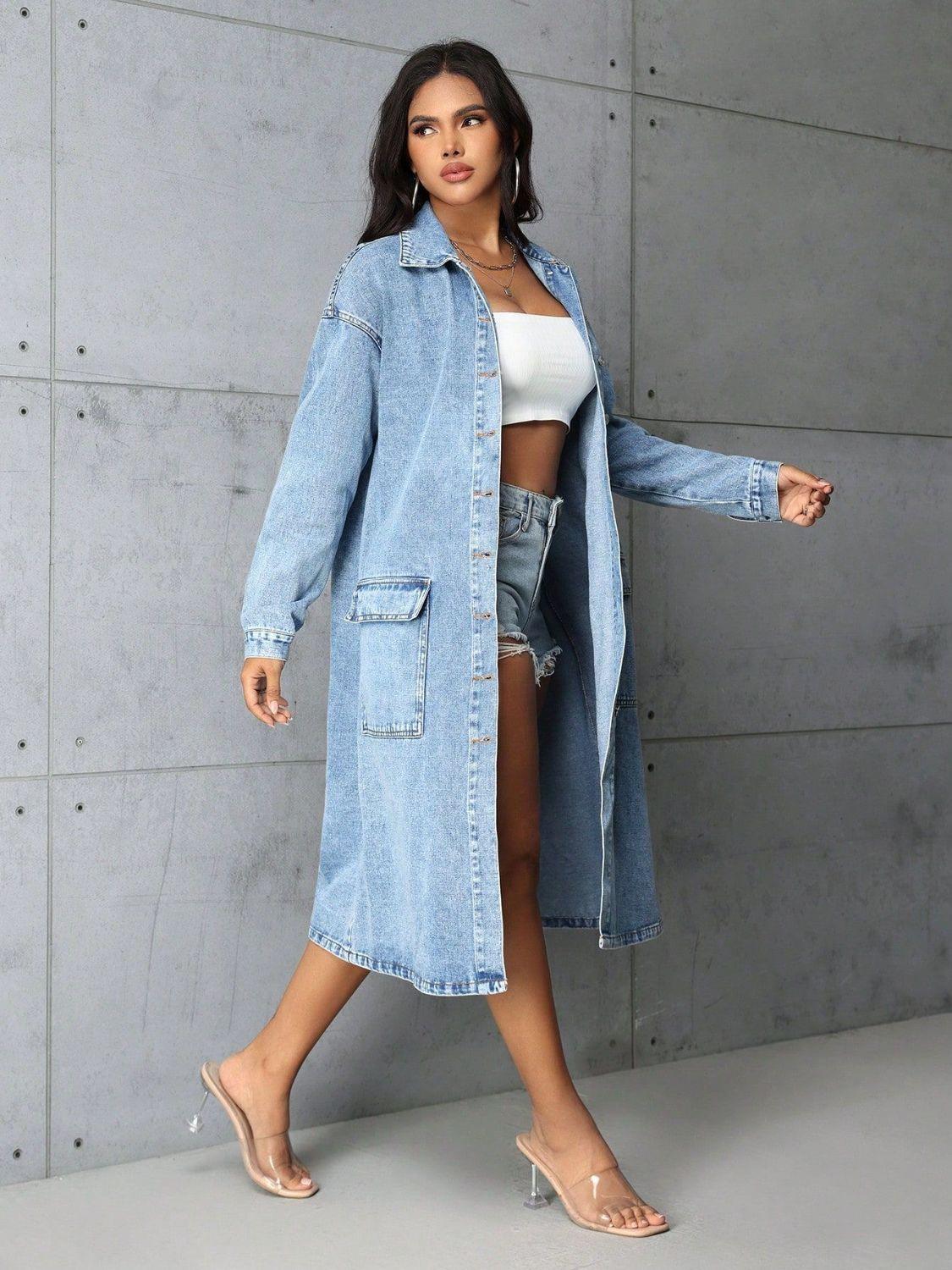 Pocketed Button Up Collared Neck Denim Top - Clothes For Her Online Store