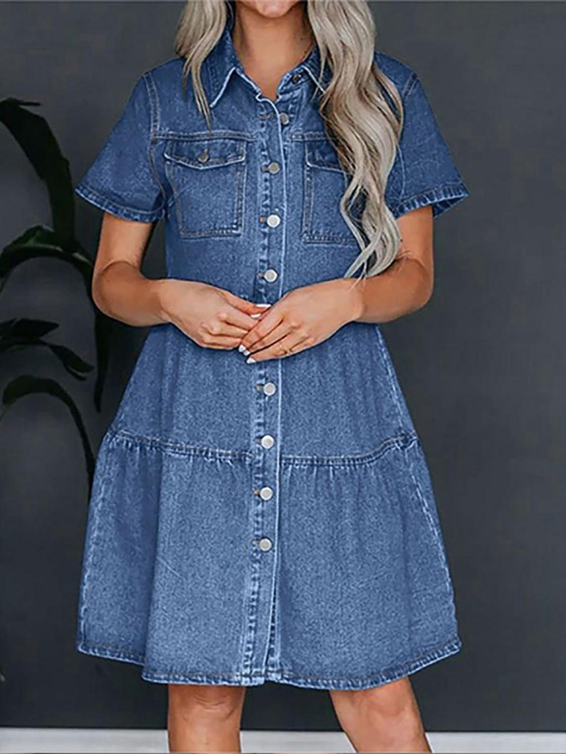 Pocketed Button Up Collared Neck Short Sleeve Denim Dress - Clothes For Her Online Store