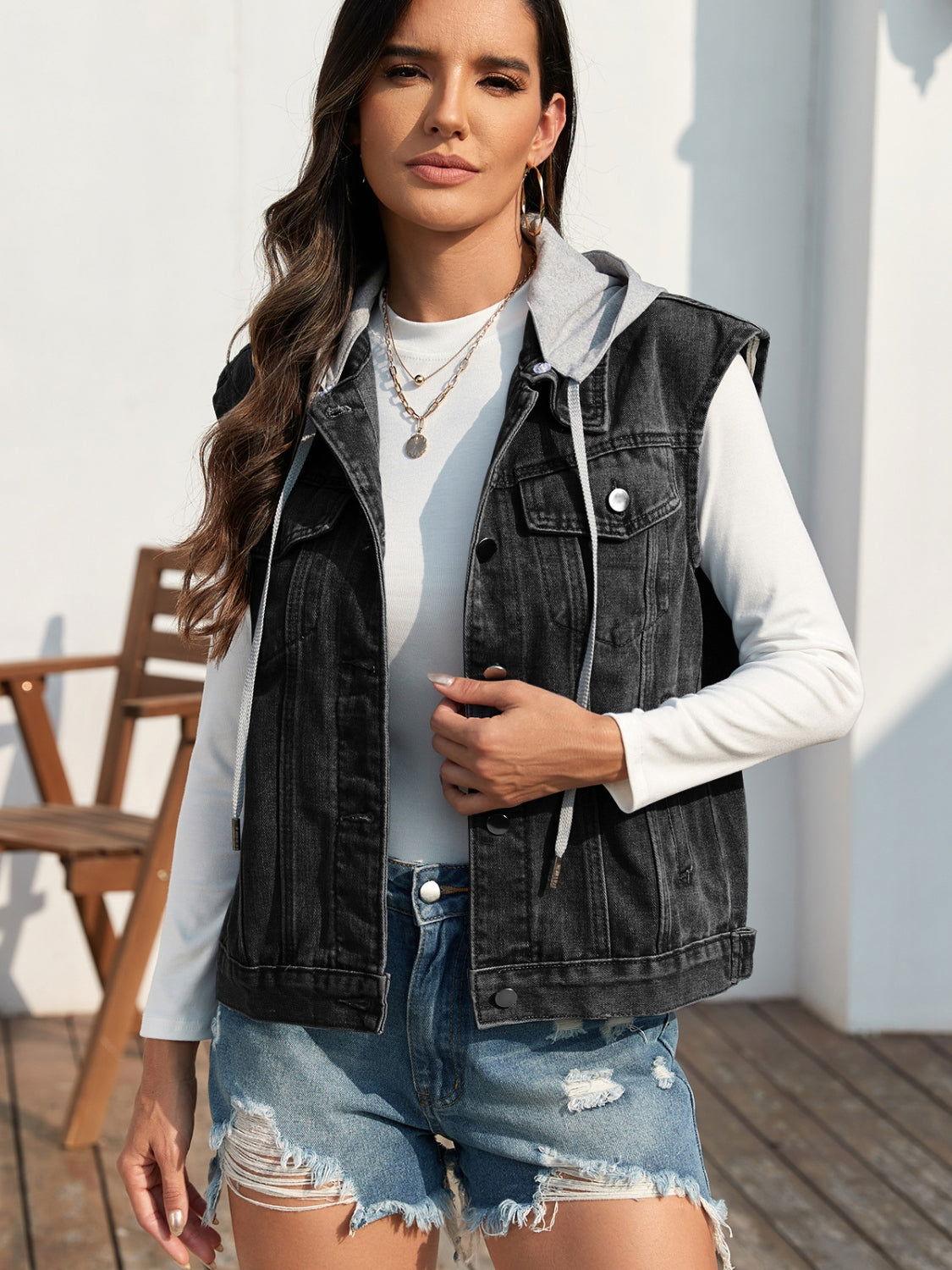 Pocketed Button Up Hooded Denim Jacket - Clothes For Her Online Store