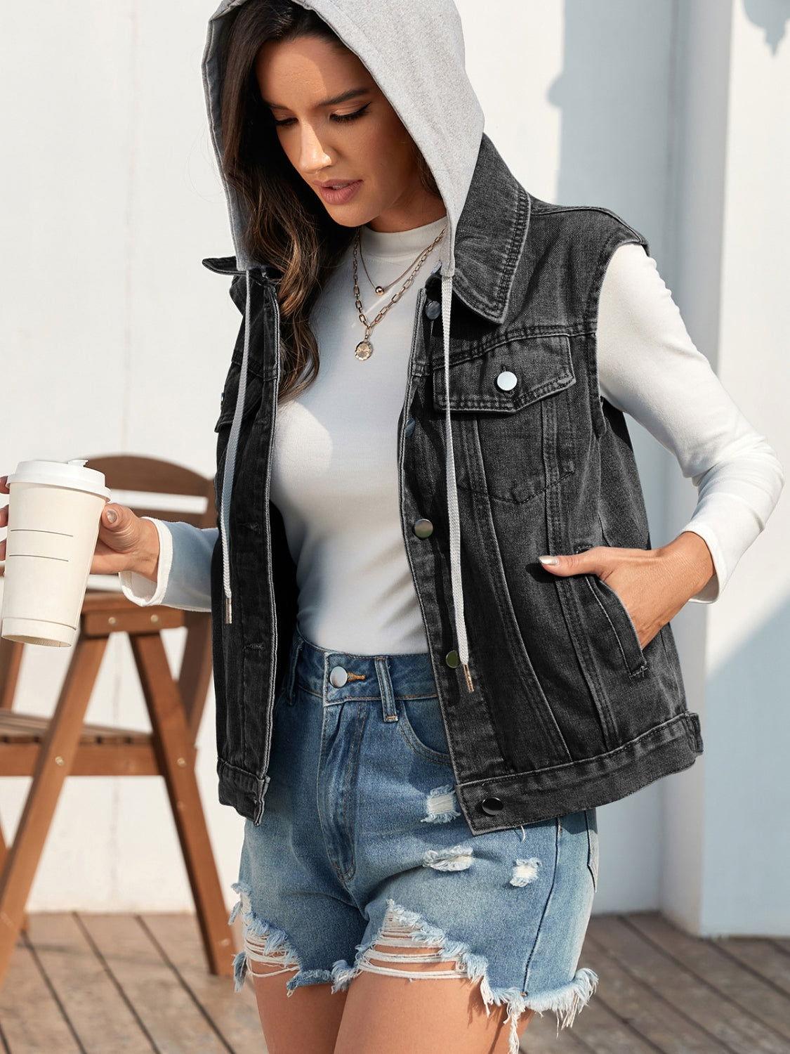 Pocketed Button Up Hooded Denim Jacket - Clothes For Her Online Store