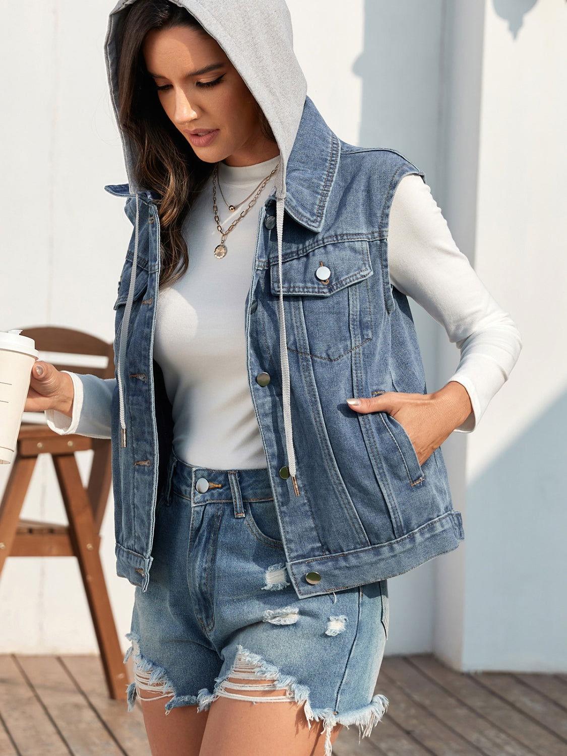 Pocketed Button Up Hooded Denim Jacket - Clothes For Her Online Store
