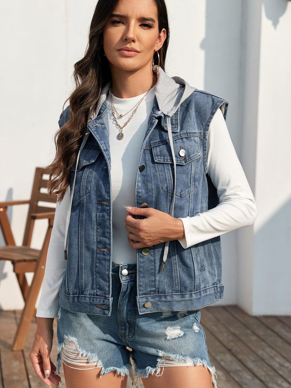 Pocketed Button Up Hooded Denim Jacket - Clothes For Her Online Store
