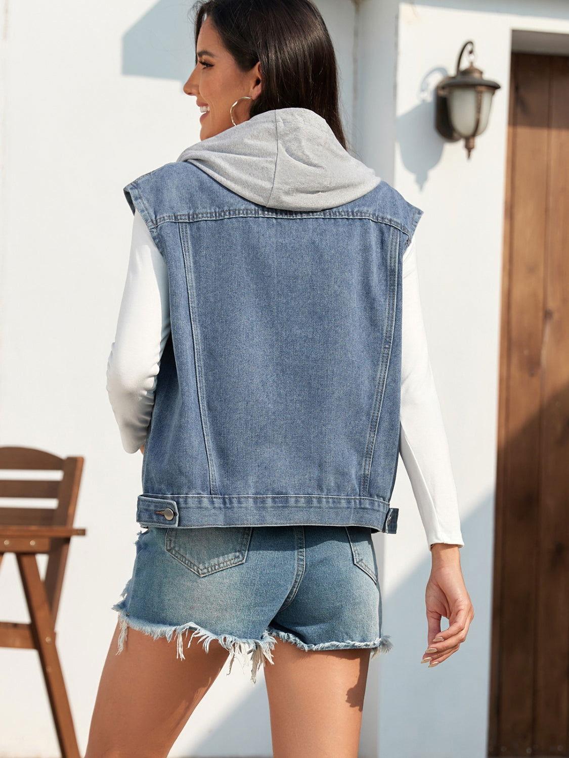 Pocketed Button Up Hooded Denim Jacket - Clothes For Her Online Store