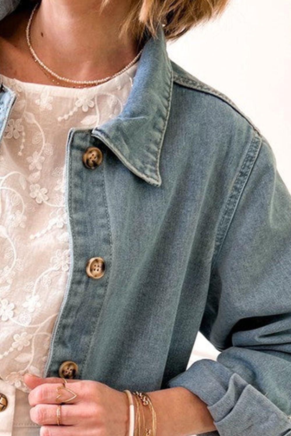 Pocketed Button Up Long Sleeve Denim Jacket - Clothes For Her Online Store