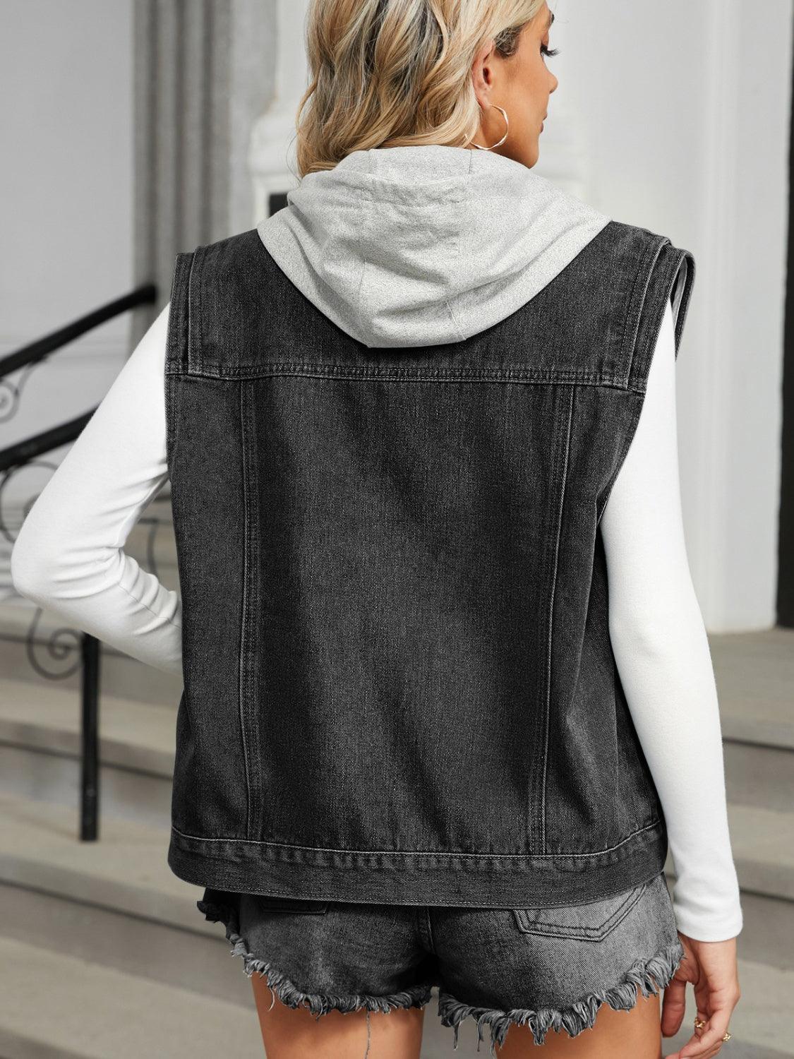 Pocketed Button Up Sleeveless Denim Jacket - Clothes For Her Online Store
