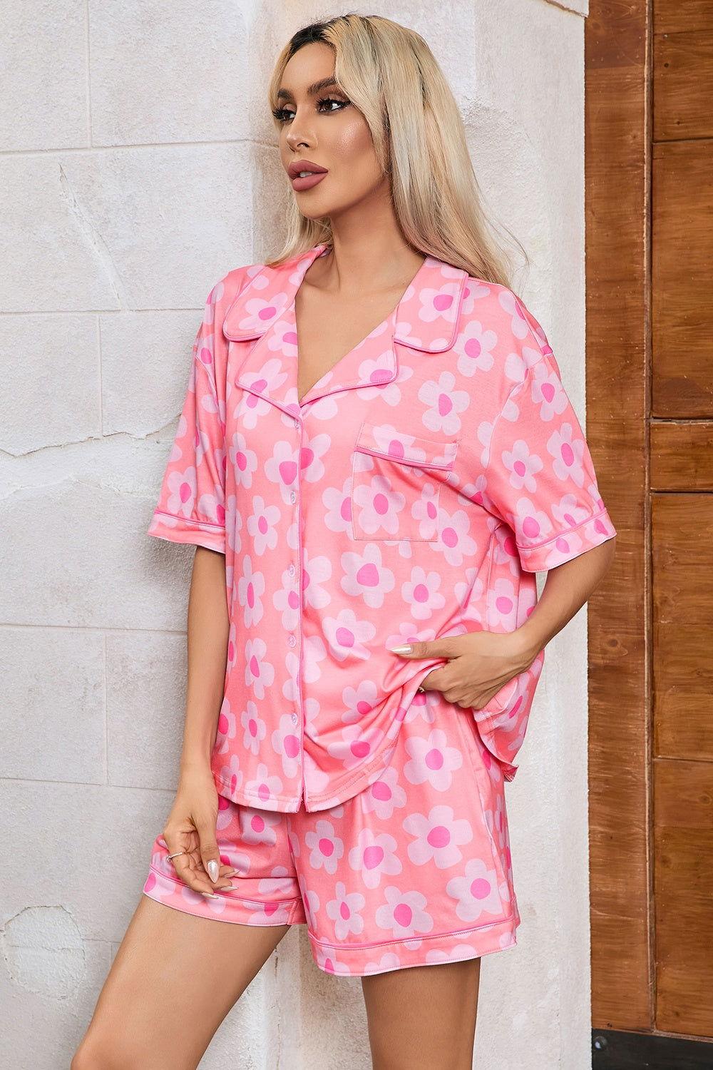 Pocketed Flower Half Sleeve Top and Shorts Lounge Set - Clothes For Her Online Store