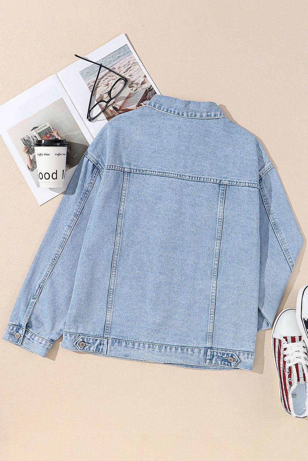 Pocketed Geometric Collared Neck Denim Jacket - Clothes For Her Online Store