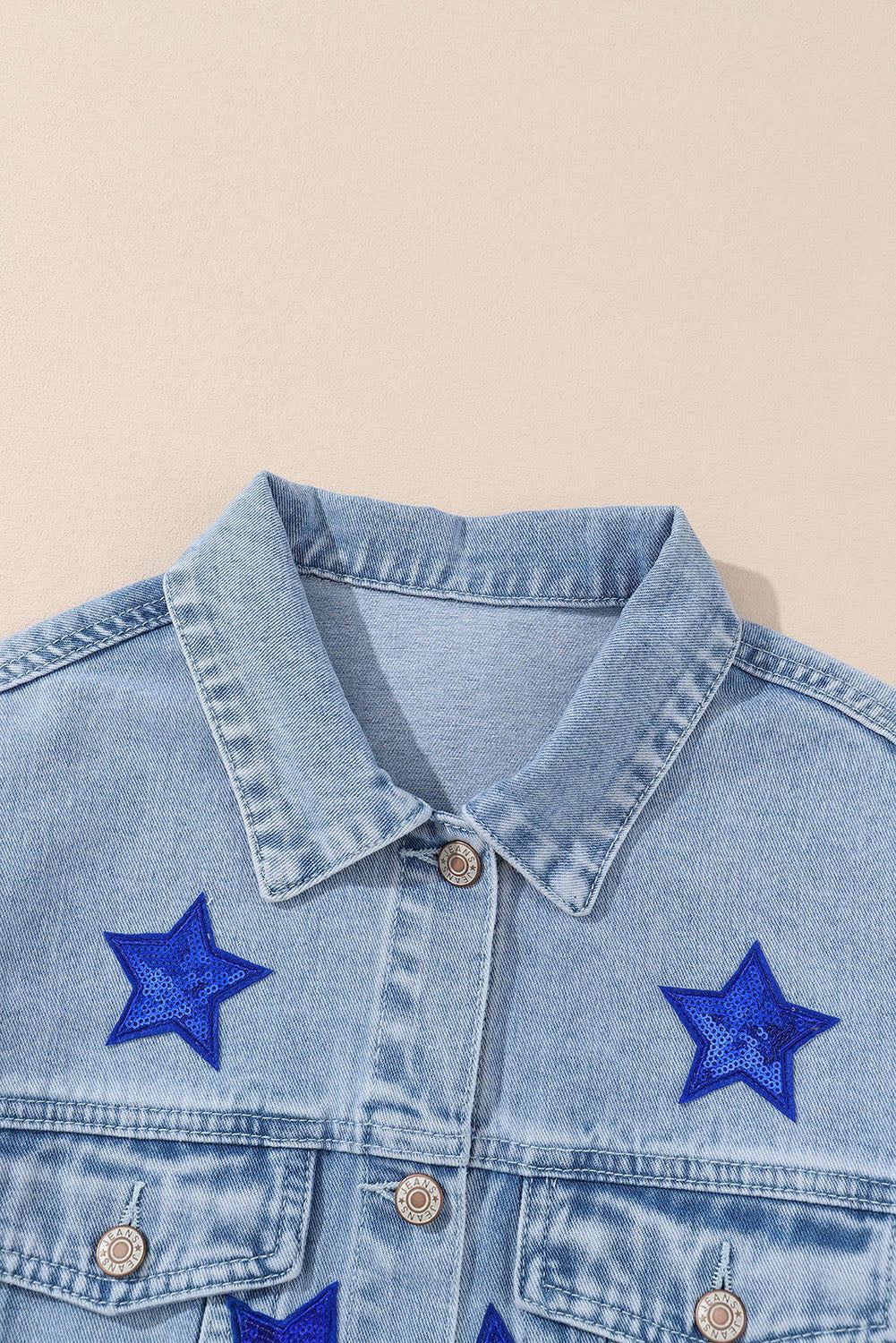 Pocketed Geometric Collared Neck Denim Jacket - Clothes For Her Online Store