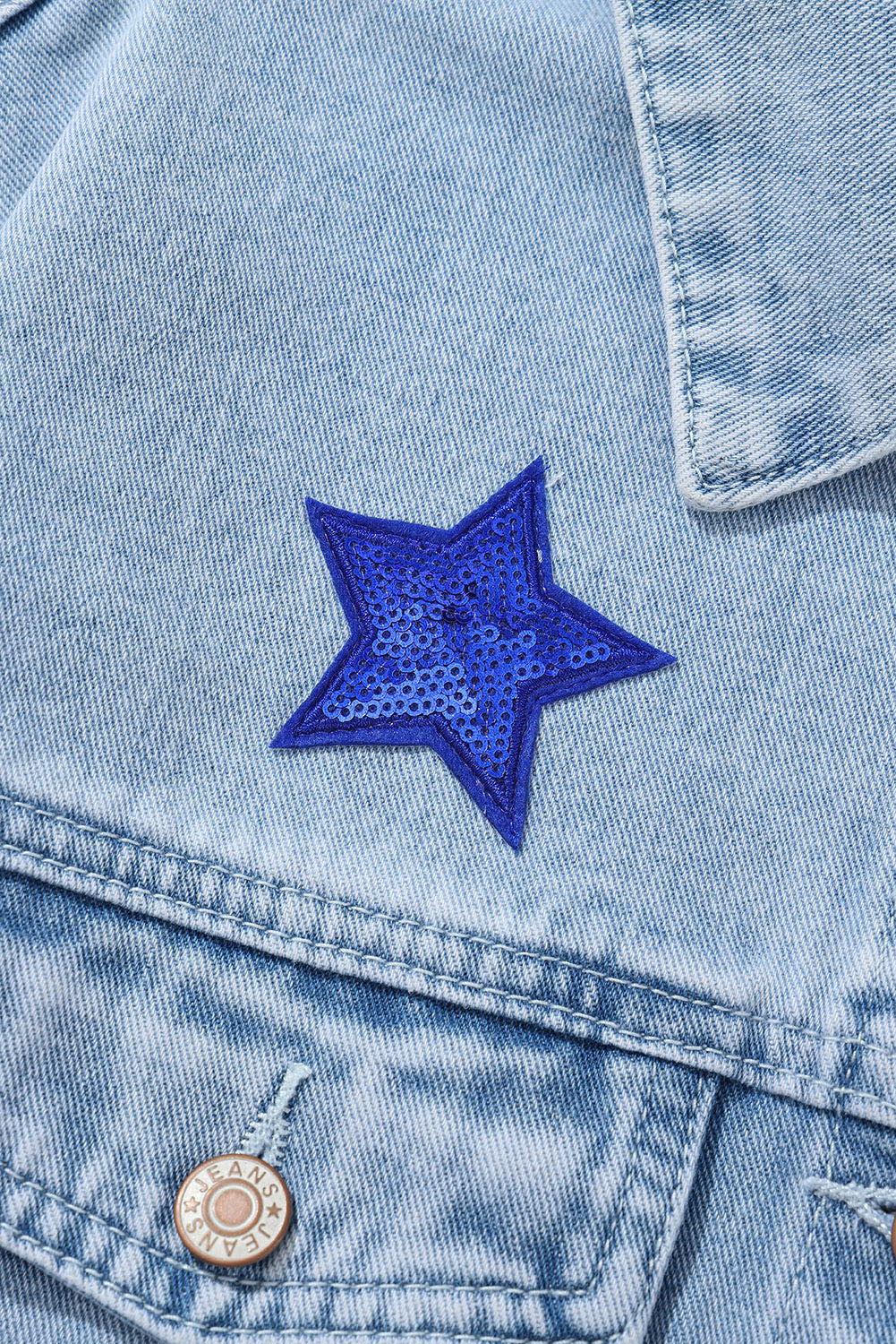 Pocketed Geometric Collared Neck Denim Jacket - Clothes For Her Online Store
